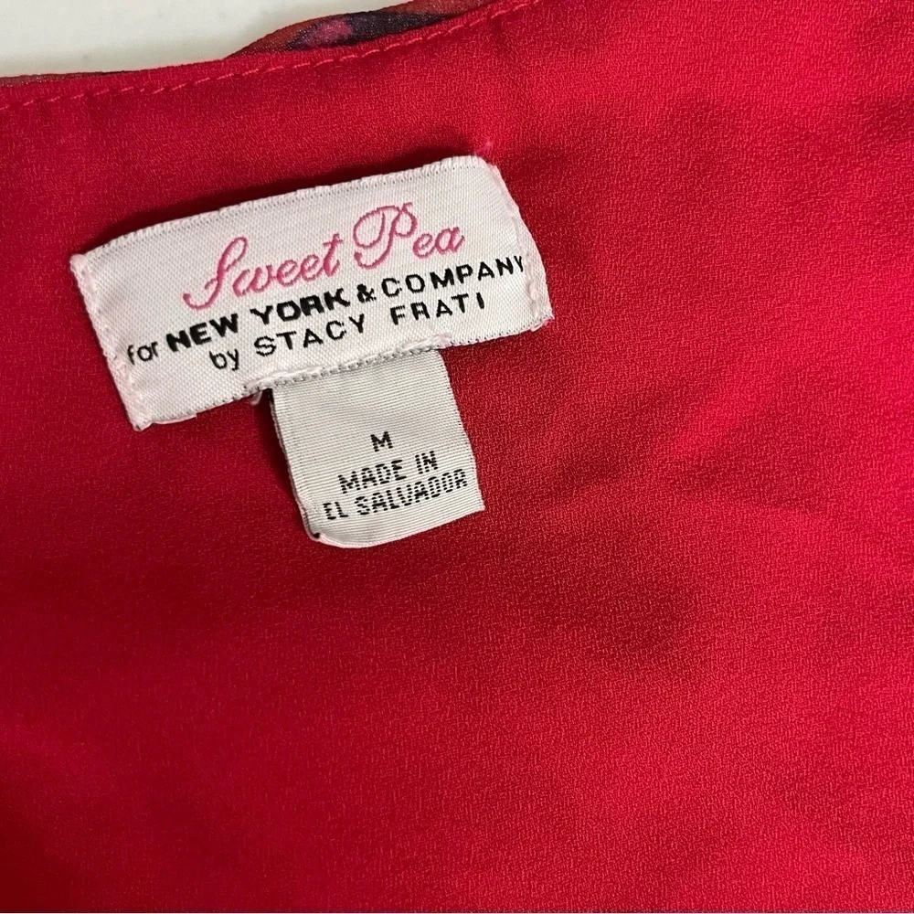 New York & Company Sweet Pea Red Floral Wrap Midi Dress Medium Boho Long Sleeve